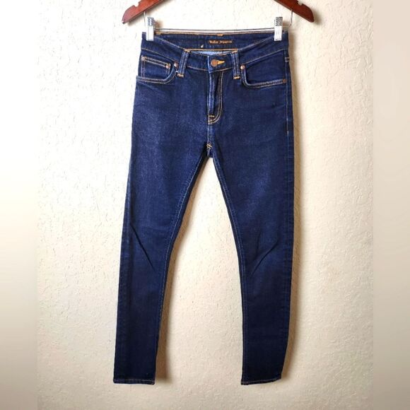 Nudie Jeans Skinny Lin Dry Deep Orange Dark Blue Denim Jeans 27/30 - Picture 1 of 9